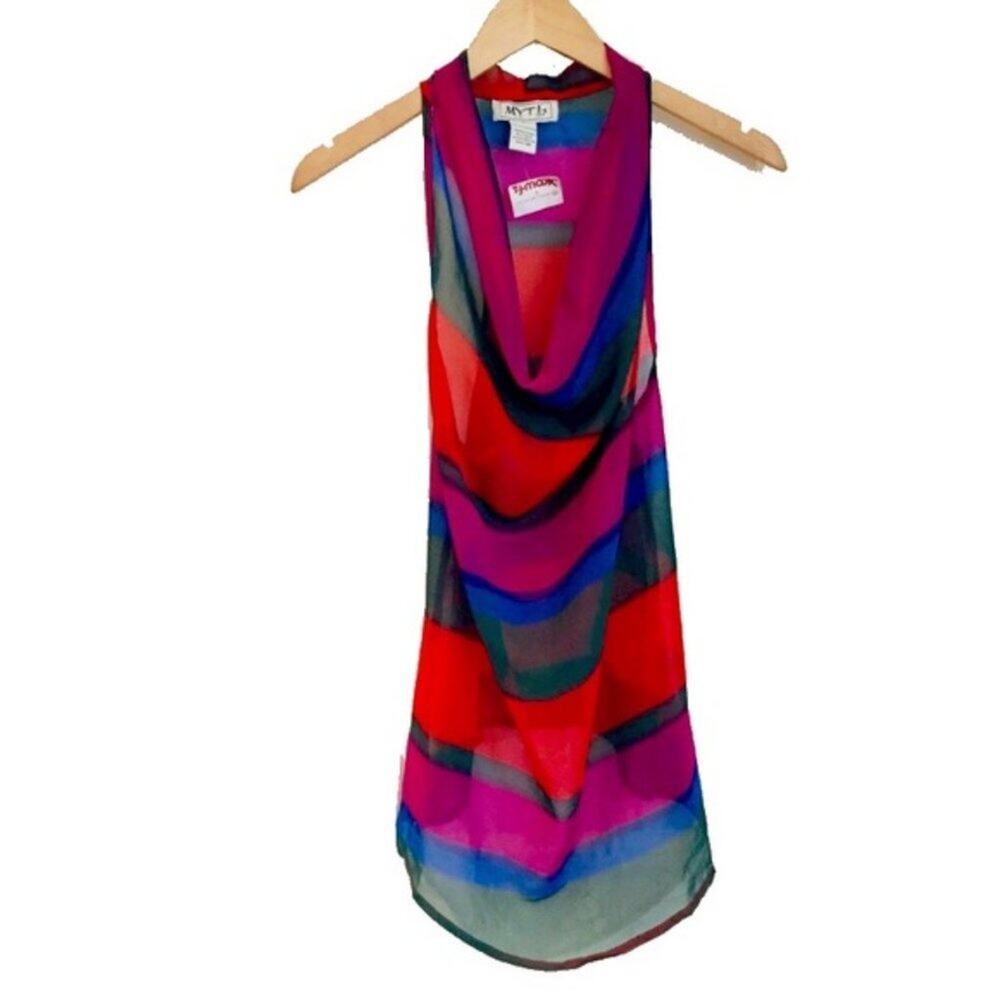 MYTH NYC Striped Multicolor Sheer Cowl Tunic Top Sleeveless Drape Blouse SMALL